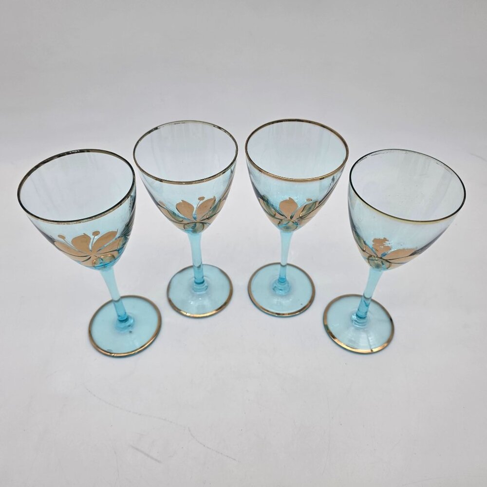 Vintage Romanian Blue Stemmed Wine Glasses With Gold Floral Design Set Of 4 - Picture 2 of 7